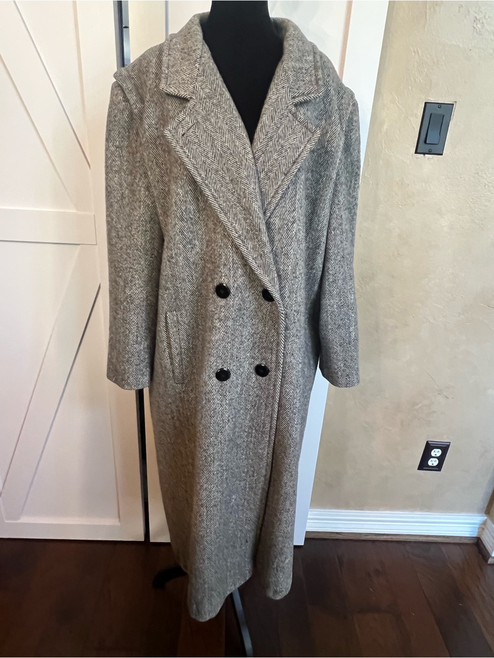 Vintage Herman Kay Gray Herringbone Double-Breasted Overcoat